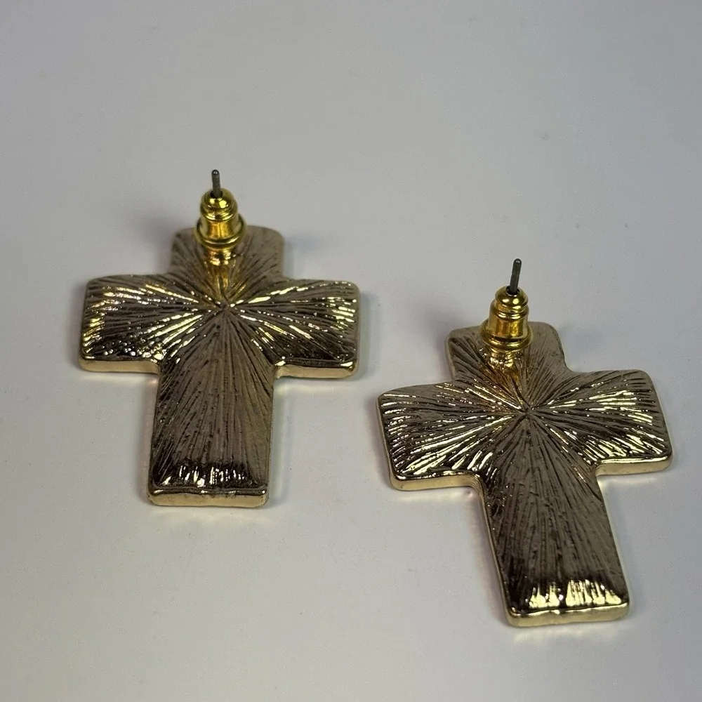 Cross Earrings Religious‎ Crucifix Green Enamel On Gold Tone Huge